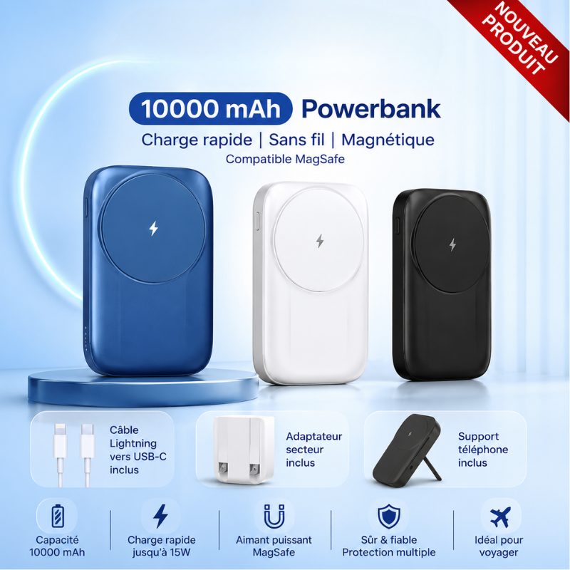 Power Bank magnétique 10 000 mAh – Recharge sans fil rapide 15 W