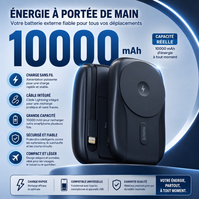 Power Bank magnétique 10 000 mAh – Recharge sans fil rapide 15 W