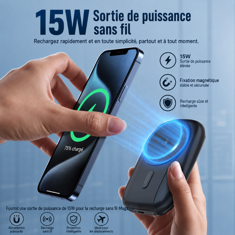 Power Bank magnétique 10 000 mAh – Recharge sans fil rapide 15 W