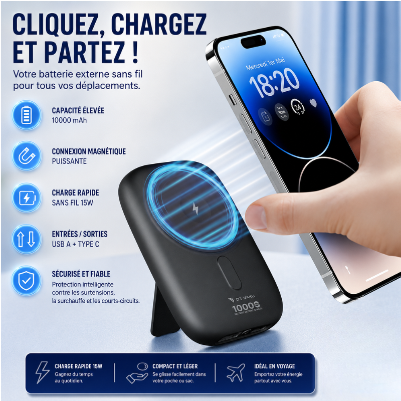 Power Bank magnétique 10 000 mAh – Recharge sans fil rapide 15 W